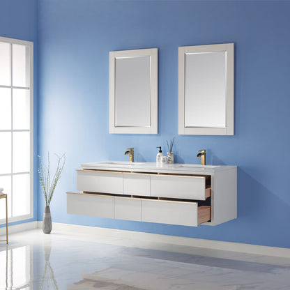 Morgan 60" Double Bathroom Vanity Set in White and Aosta White Engineered Stone Countertop with Mirror