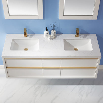 Morgan 60" Double Bathroom Vanity Set in White and Aosta White Engineered Stone Countertop with Mirror