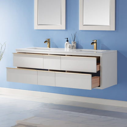 Morgan 60" Double Bathroom Vanity Set in White and Aosta White Engineered Stone Countertop with Mirror