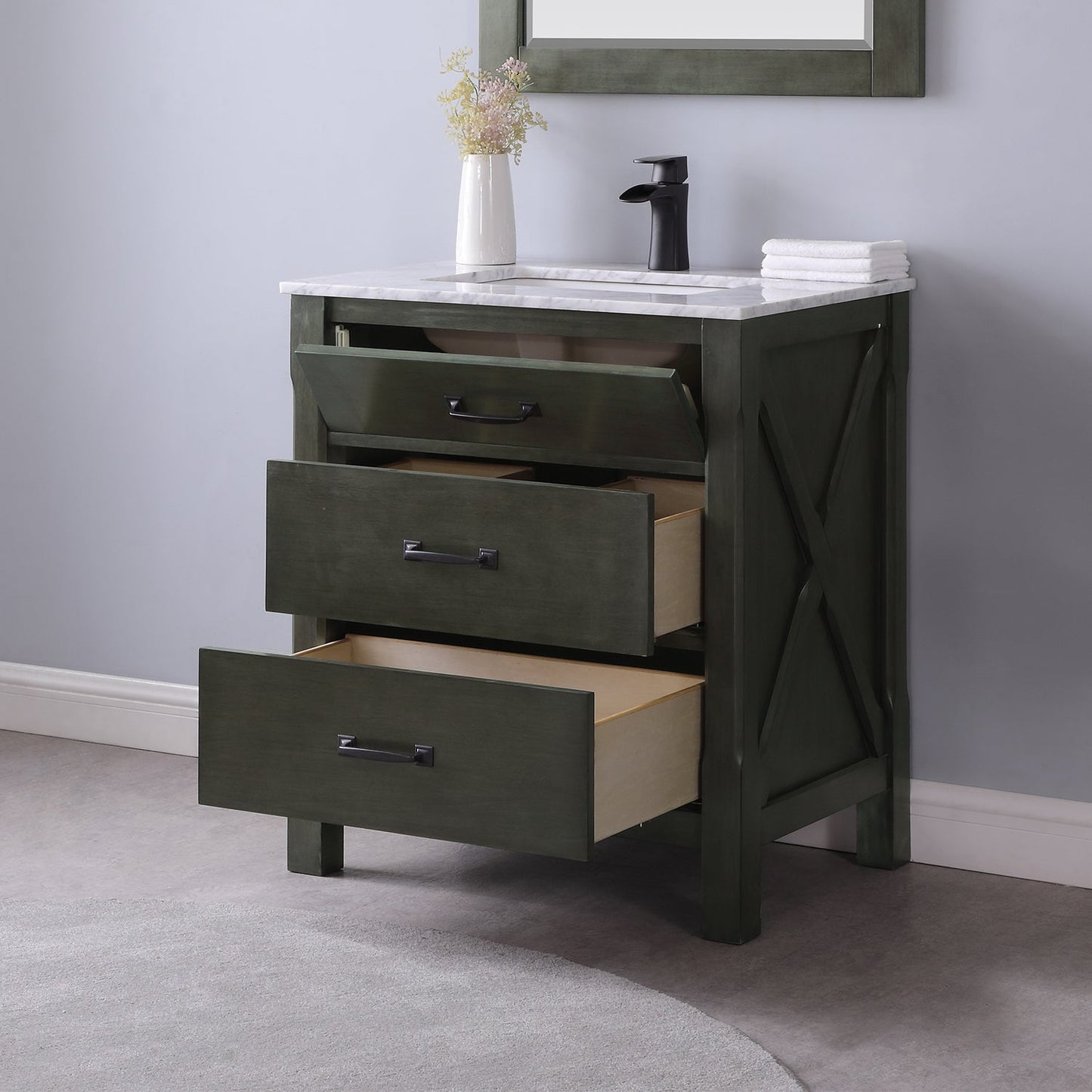 Maribella 30" Single Bathroom Vanity Set in Rust Black and Carrara White Marble Countertop without Mirror