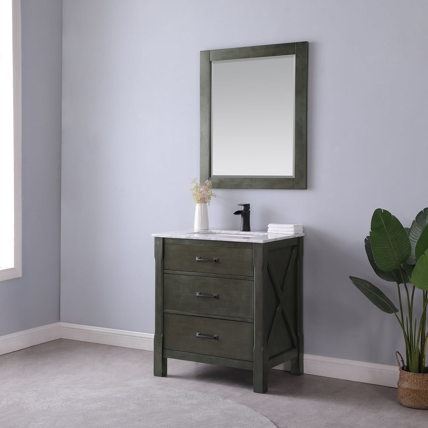 Maribella 30" Single Bathroom Vanity Set in Rust Black and Carrara White Marble Countertop with Mirror
