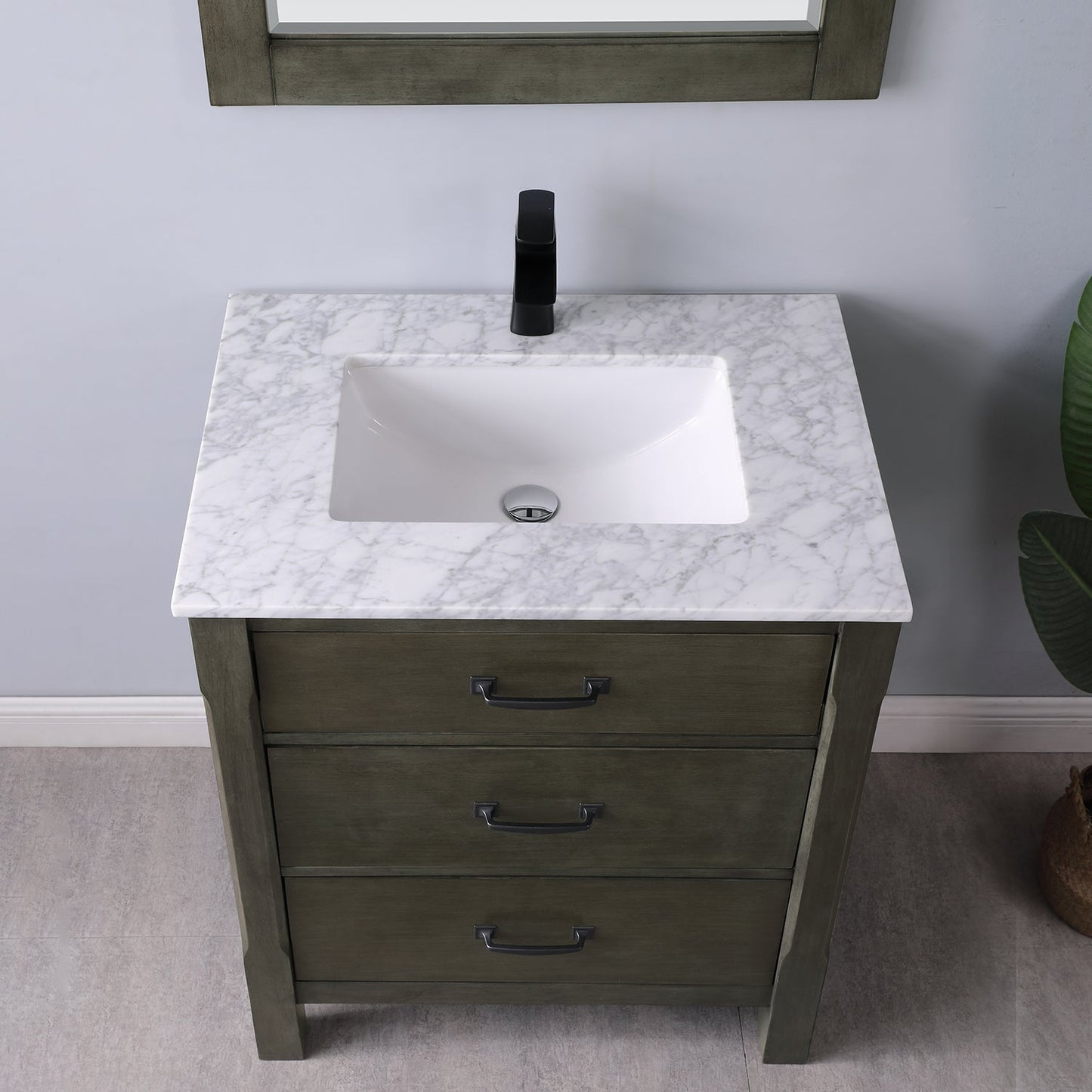 Maribella 30" Single Bathroom Vanity Set in Rust Black and Carrara White Marble Countertop with Mirror