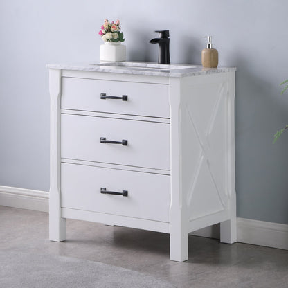 Maribella 30" Single Bathroom Vanity Set in White and Carrara White Marble Countertop without Mirror