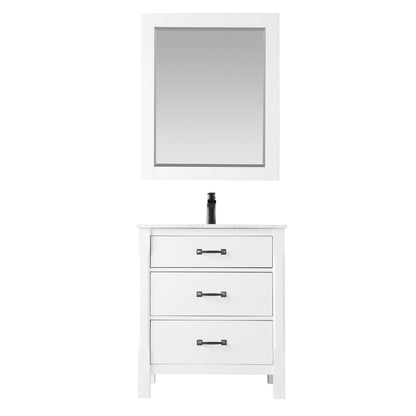 Maribella 30" Single Bathroom Vanity Set in White and Carrara White Marble Countertop with Mirror
