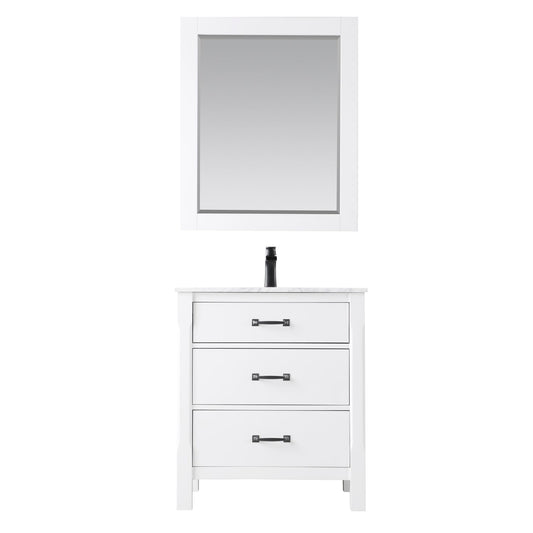 Maribella 30" Single Bathroom Vanity Set in White and Carrara White Marble Countertop with Mirror