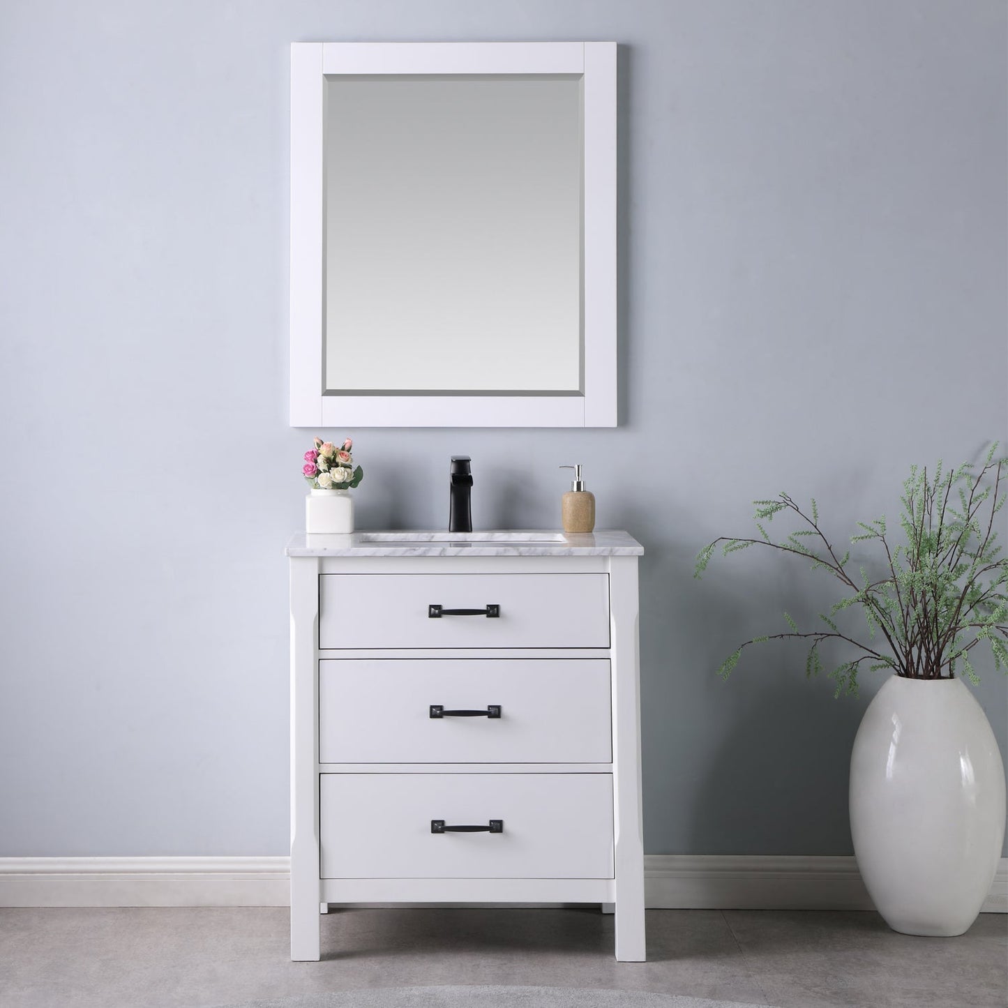 Maribella 30" Single Bathroom Vanity Set in White and Carrara White Marble Countertop with Mirror