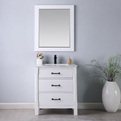 Maribella 30" Single Bathroom Vanity Set in White and Carrara White Marble Countertop with Mirror