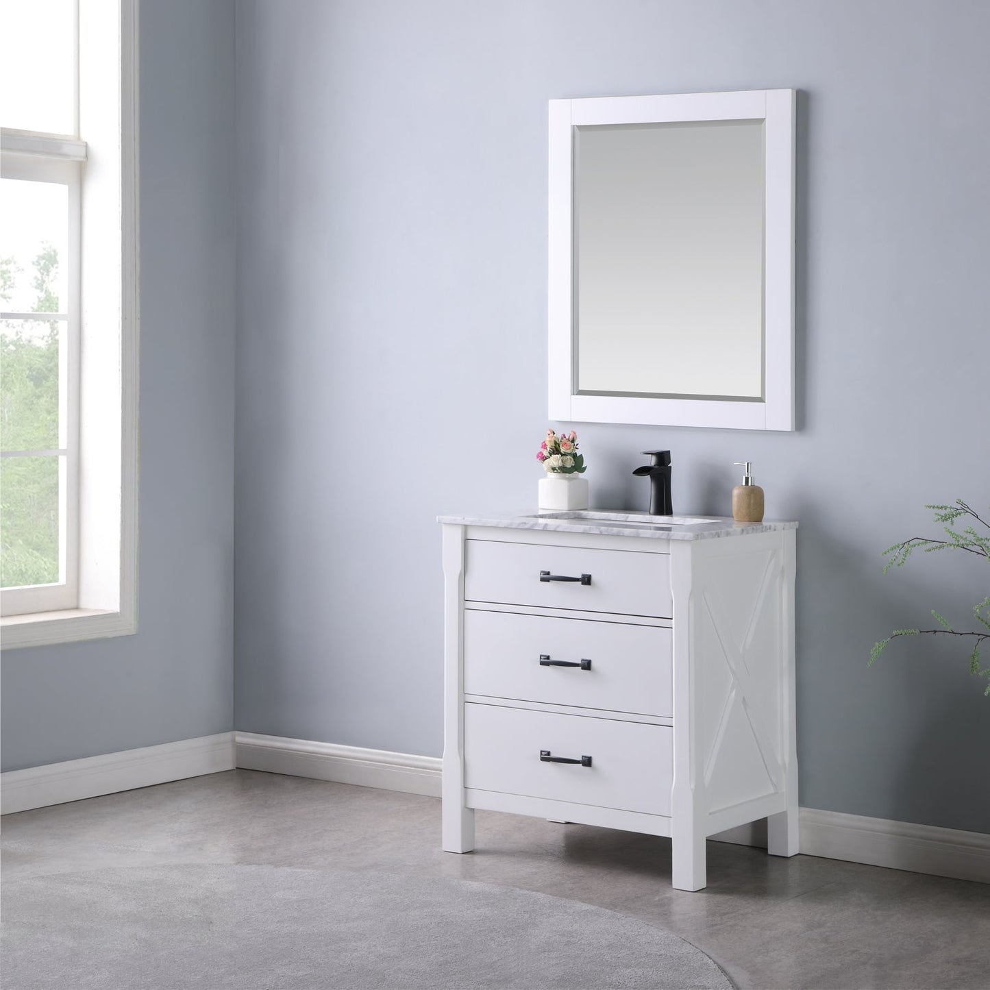 Maribella 30" Single Bathroom Vanity Set in White and Carrara White Marble Countertop with Mirror