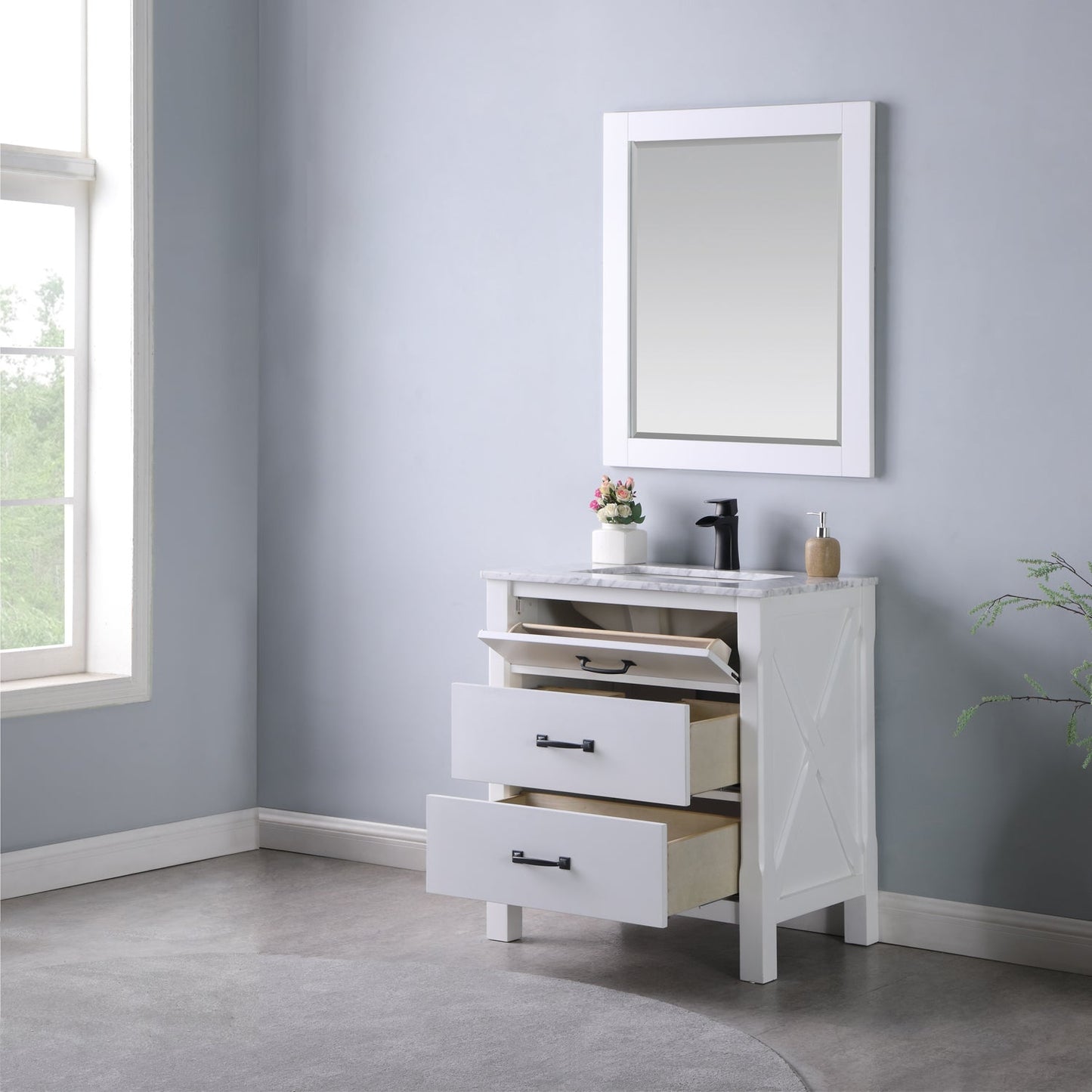 Maribella 30" Single Bathroom Vanity Set in White and Carrara White Marble Countertop with Mirror