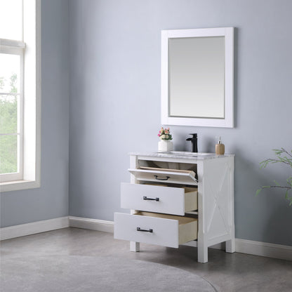 Maribella 30" Single Bathroom Vanity Set in White and Carrara White Marble Countertop with Mirror