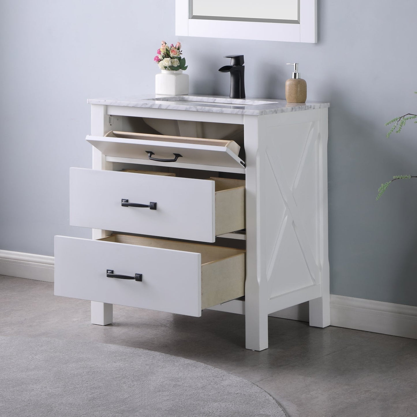 Maribella 30" Single Bathroom Vanity Set in White and Carrara White Marble Countertop with Mirror