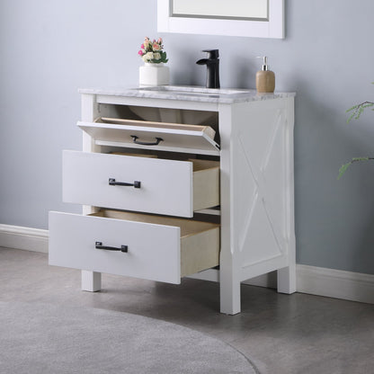 Maribella 30" Single Bathroom Vanity Set in White and Carrara White Marble Countertop with Mirror