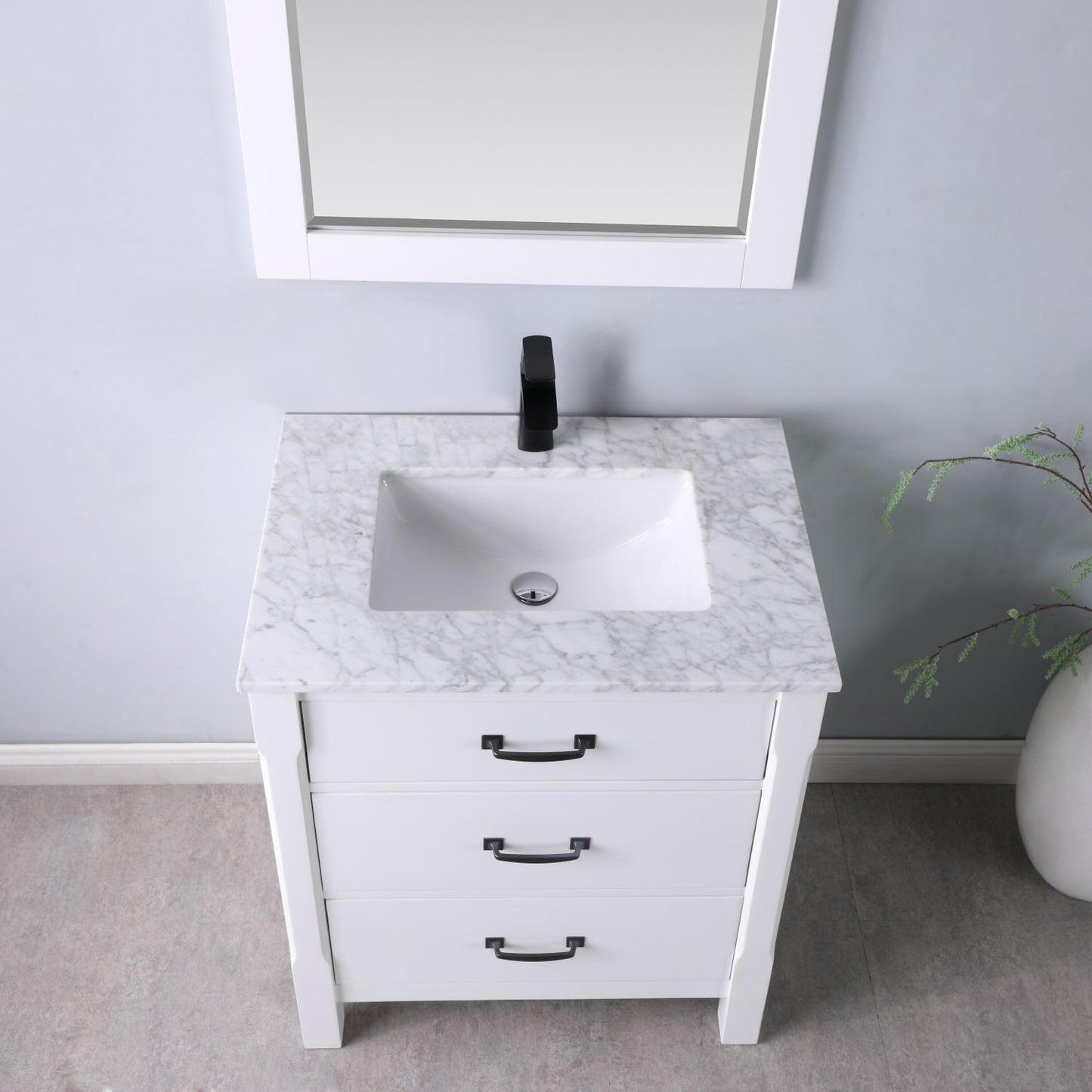 Maribella 30" Single Bathroom Vanity Set in White and Carrara White Marble Countertop with Mirror