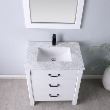 Maribella 30" Single Bathroom Vanity Set in White and Carrara White Marble Countertop with Mirror