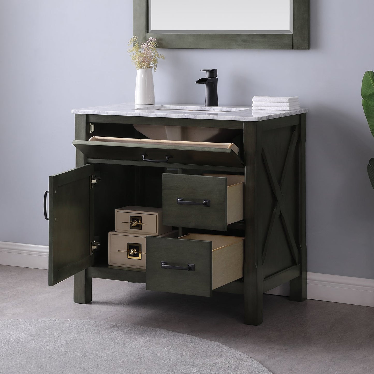 Maribella 36" Single Bathroom Vanity Set in Rust Black and Carrara White Marble Countertop without Mirror