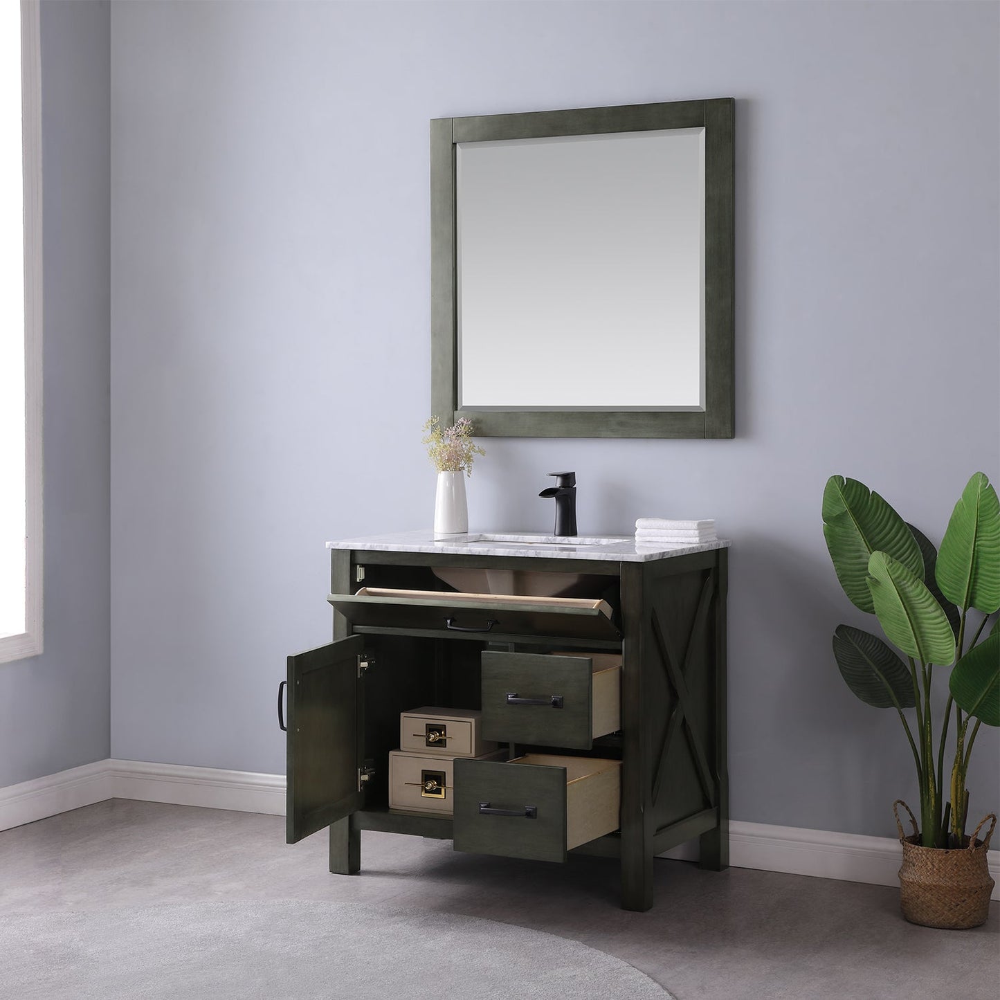 Maribella 36" Single Bathroom Vanity Set in Rust Black and Carrara White Marble Countertop with Mirror