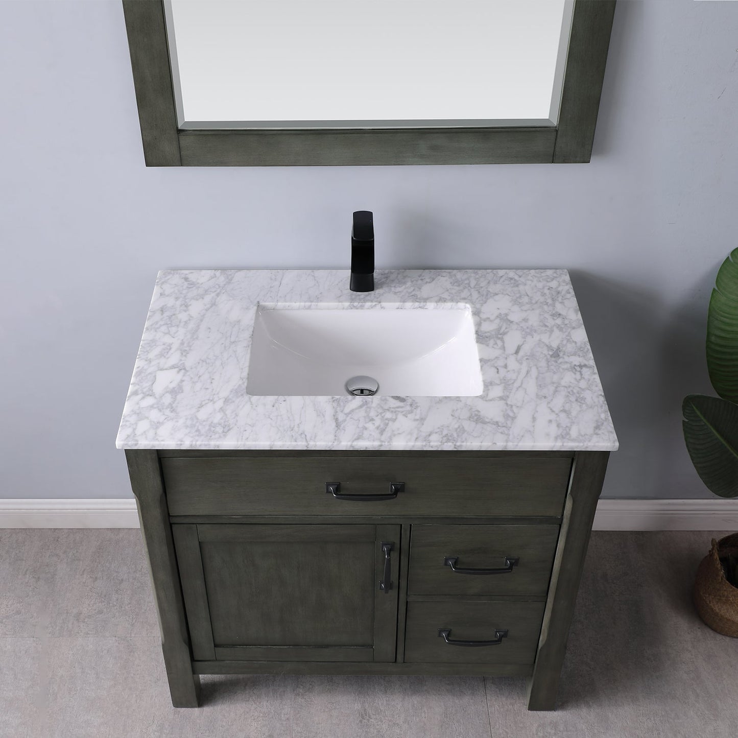 Maribella 36" Single Bathroom Vanity Set in Rust Black and Carrara White Marble Countertop with Mirror