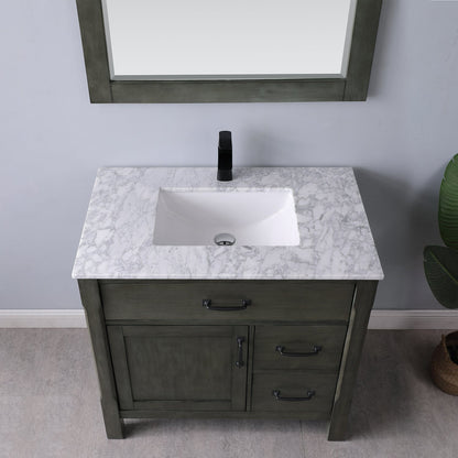 Maribella 36" Single Bathroom Vanity Set in Rust Black and Carrara White Marble Countertop with Mirror