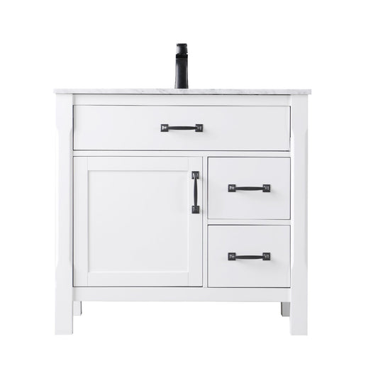 Maribella 36" Single Bathroom Vanity Set in White and Carrara White Marble Countertop without Mirror