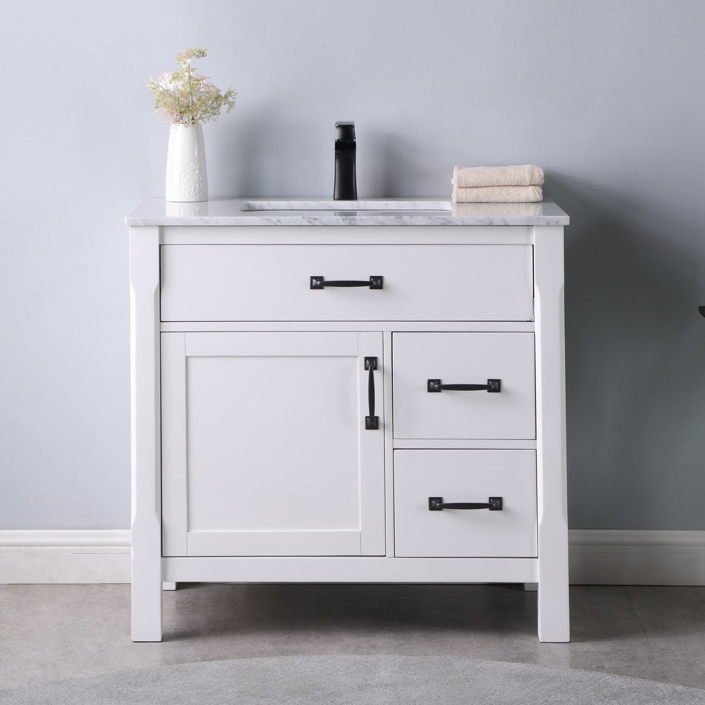 Maribella 36" Single Bathroom Vanity Set in White and Carrara White Marble Countertop without Mirror