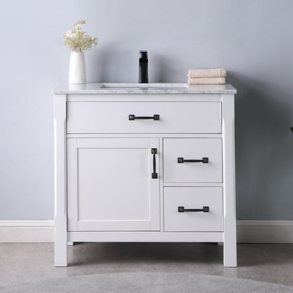 Maribella 36" Single Bathroom Vanity Set in White and Carrara White Marble Countertop without Mirror
