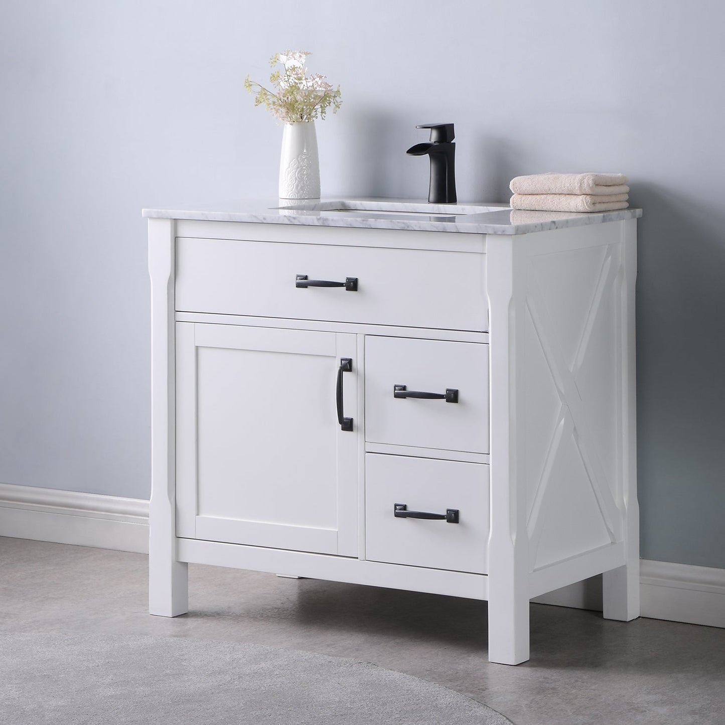Maribella 36" Single Bathroom Vanity Set in White and Carrara White Marble Countertop without Mirror
