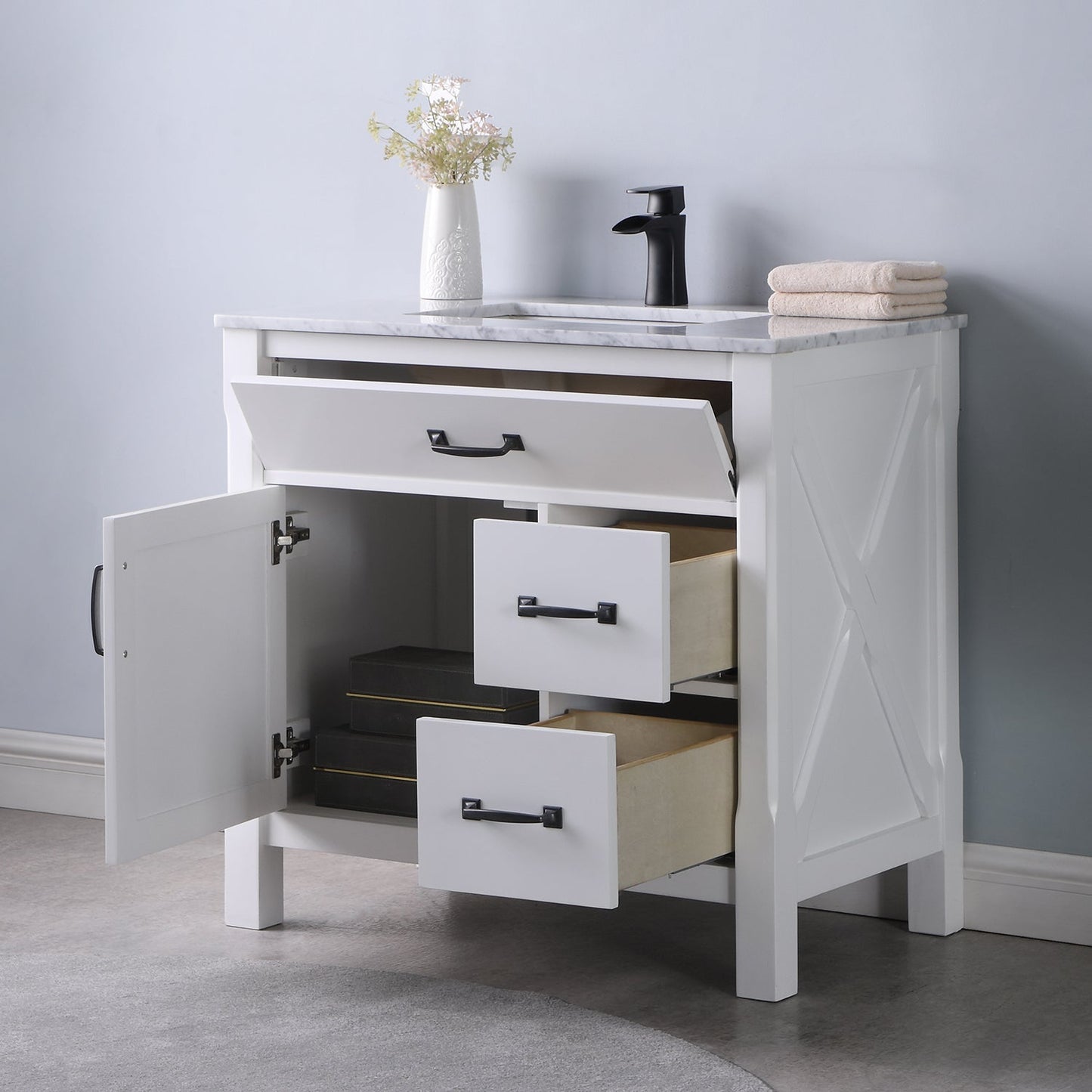 Maribella 36" Single Bathroom Vanity Set in White and Carrara White Marble Countertop without Mirror