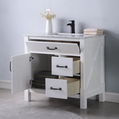 Maribella 36" Single Bathroom Vanity Set in White and Carrara White Marble Countertop without Mirror