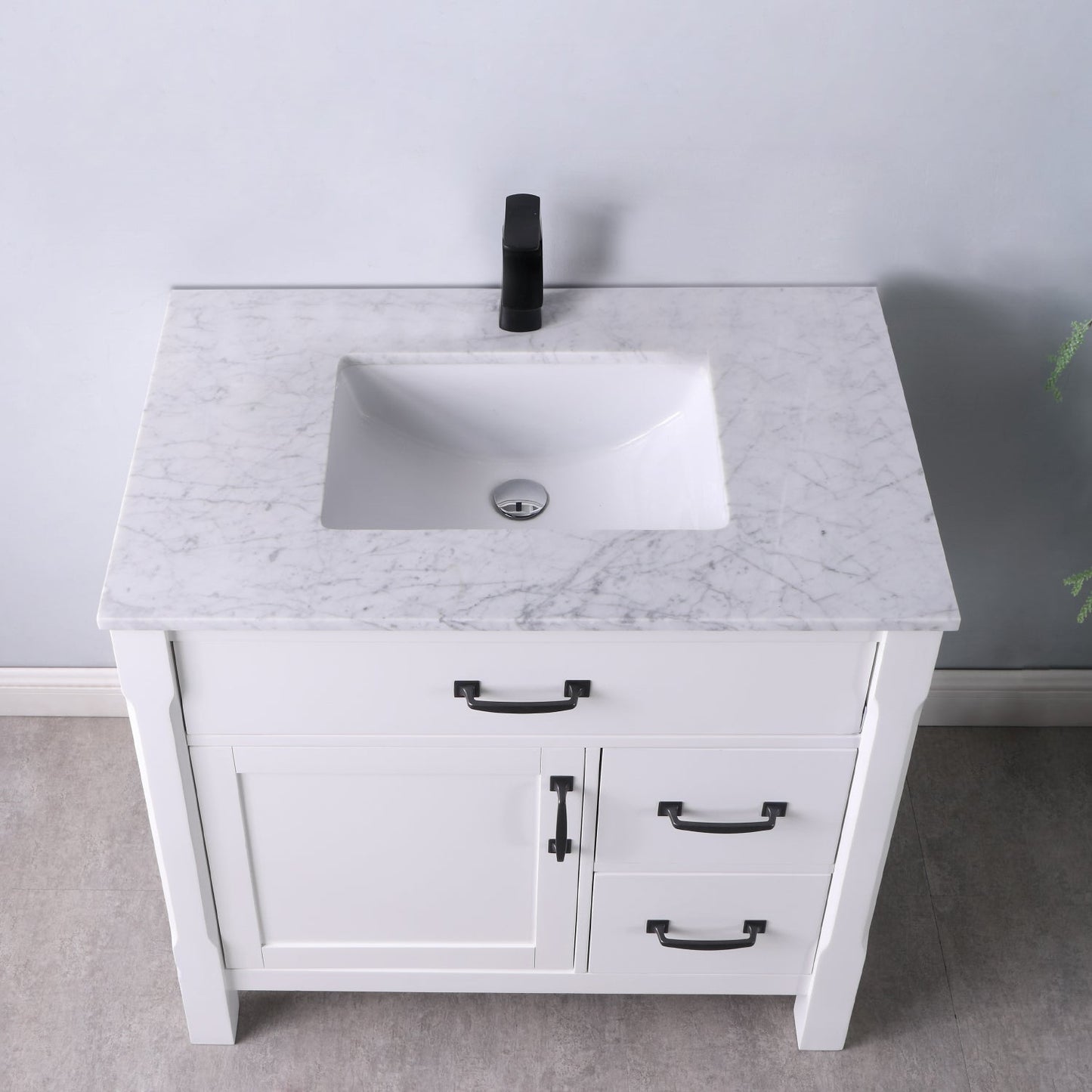 Maribella 36" Single Bathroom Vanity Set in White and Carrara White Marble Countertop without Mirror