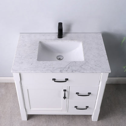 Maribella 36" Single Bathroom Vanity Set in White and Carrara White Marble Countertop without Mirror