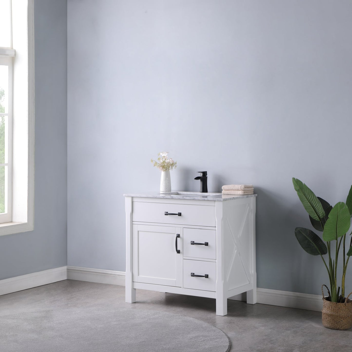 Maribella 36" Single Bathroom Vanity Set in White and Carrara White Marble Countertop without Mirror