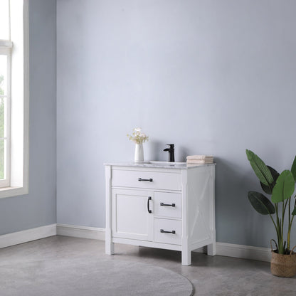 Maribella 36" Single Bathroom Vanity Set in White and Carrara White Marble Countertop without Mirror