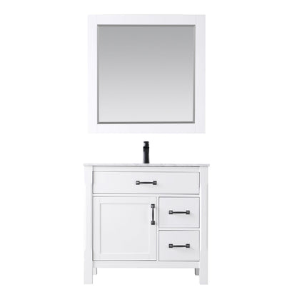 Maribella 36" Single Bathroom Vanity Set in White and Carrara White Marble Countertop with Mirror