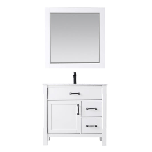 Maribella 36" Single Bathroom Vanity Set in White and Carrara White Marble Countertop with Mirror
