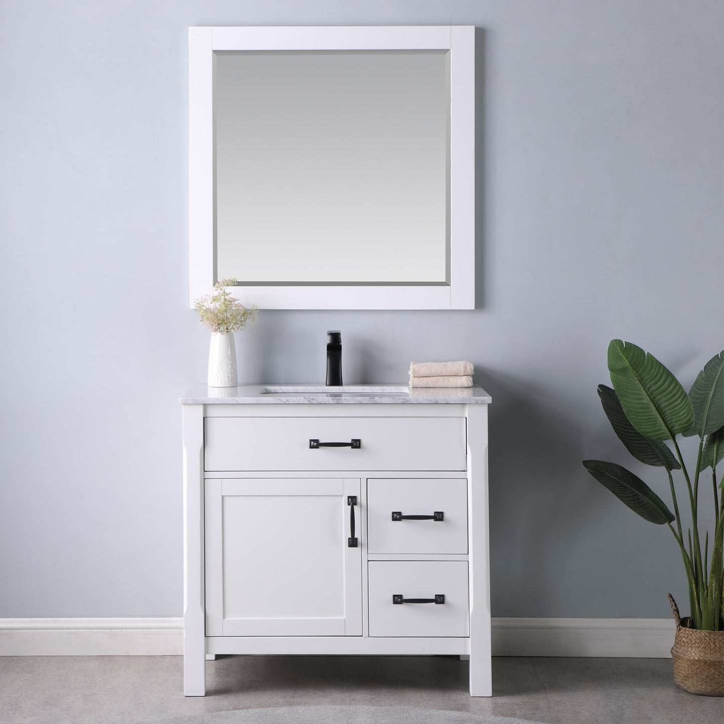 Maribella 36" Single Bathroom Vanity Set in White and Carrara White Marble Countertop with Mirror