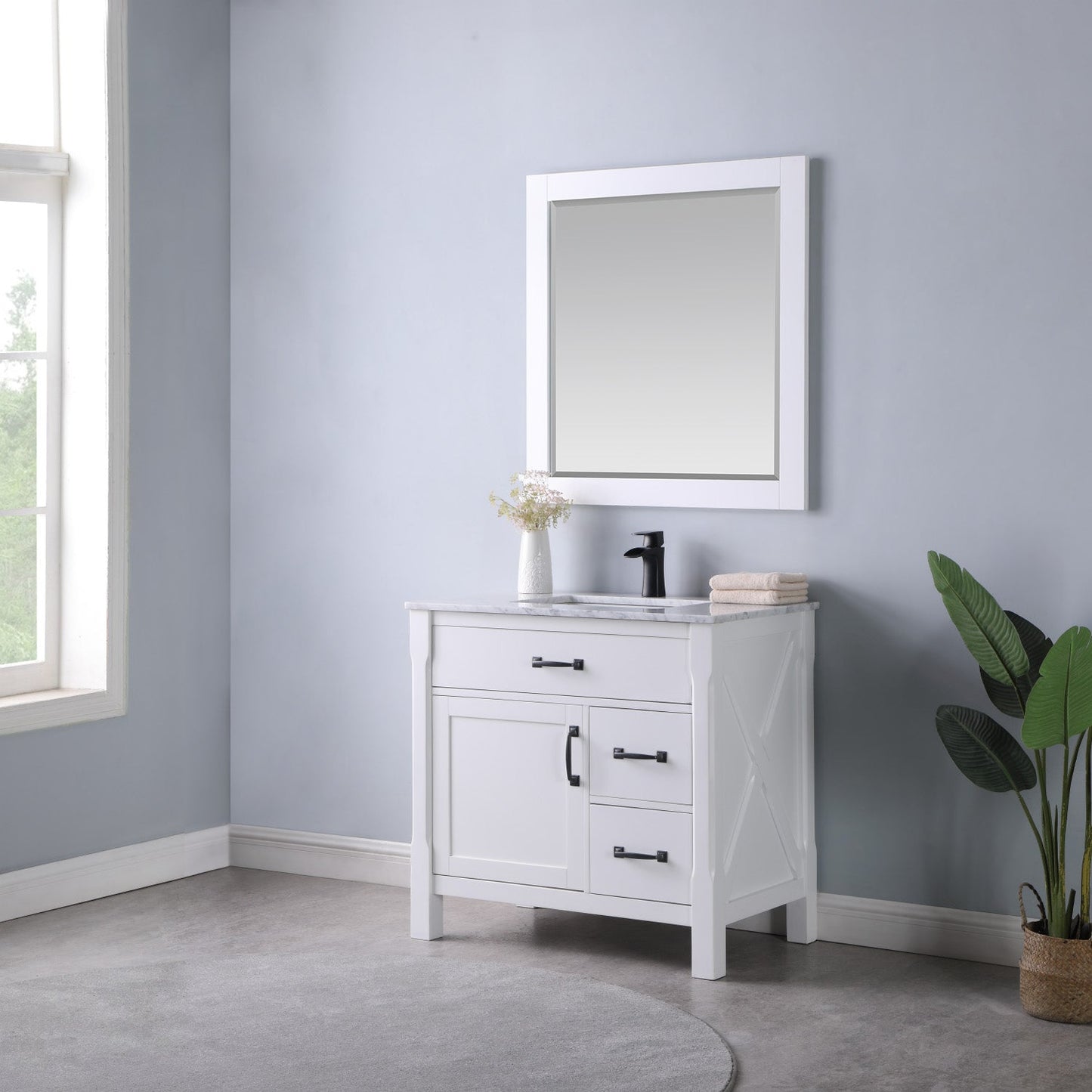 Maribella 36" Single Bathroom Vanity Set in White and Carrara White Marble Countertop with Mirror