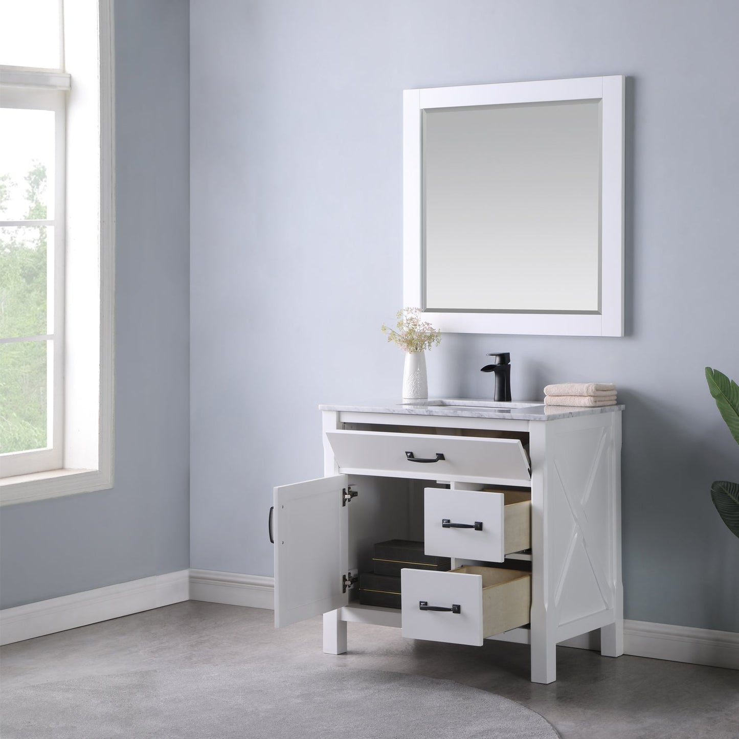 Maribella 36" Single Bathroom Vanity Set in White and Carrara White Marble Countertop with Mirror