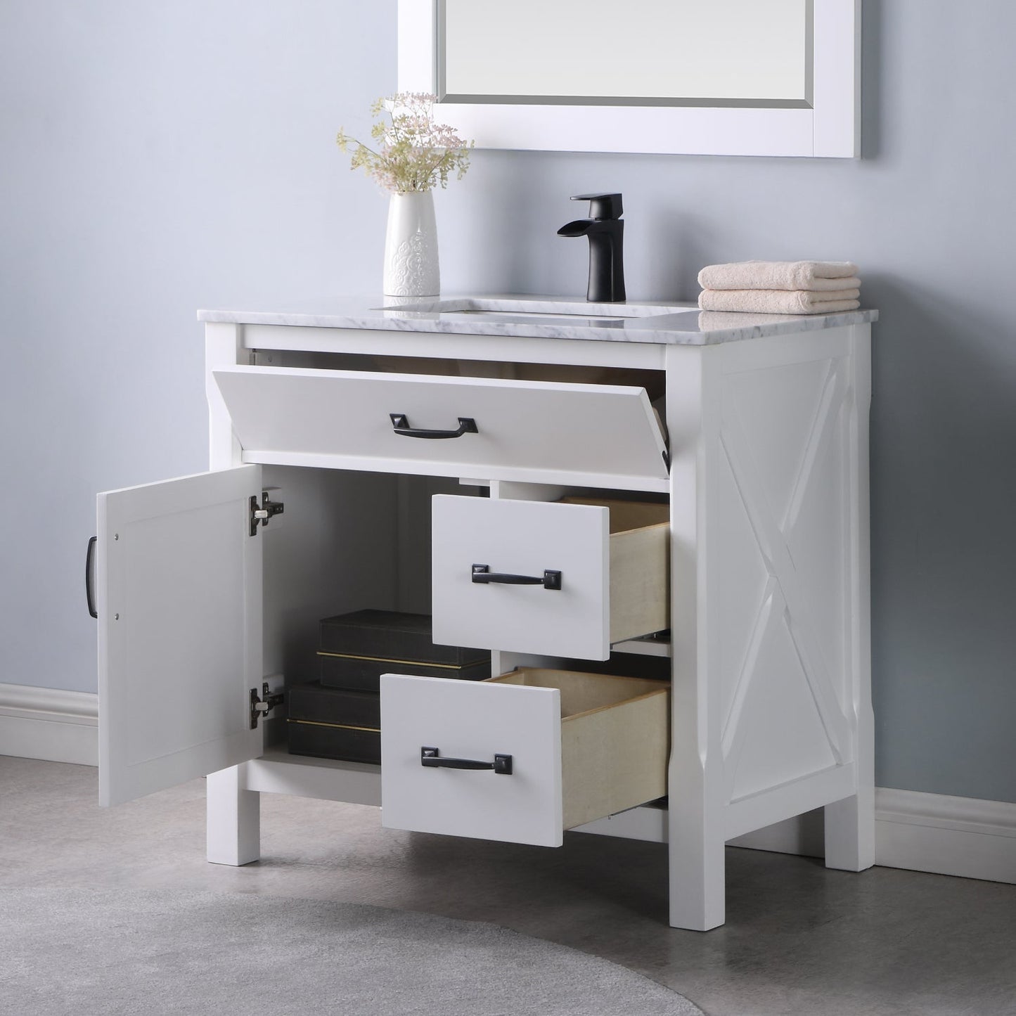 Maribella 36" Single Bathroom Vanity Set in White and Carrara White Marble Countertop with Mirror