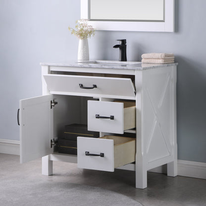 Maribella 36" Single Bathroom Vanity Set in White and Carrara White Marble Countertop with Mirror