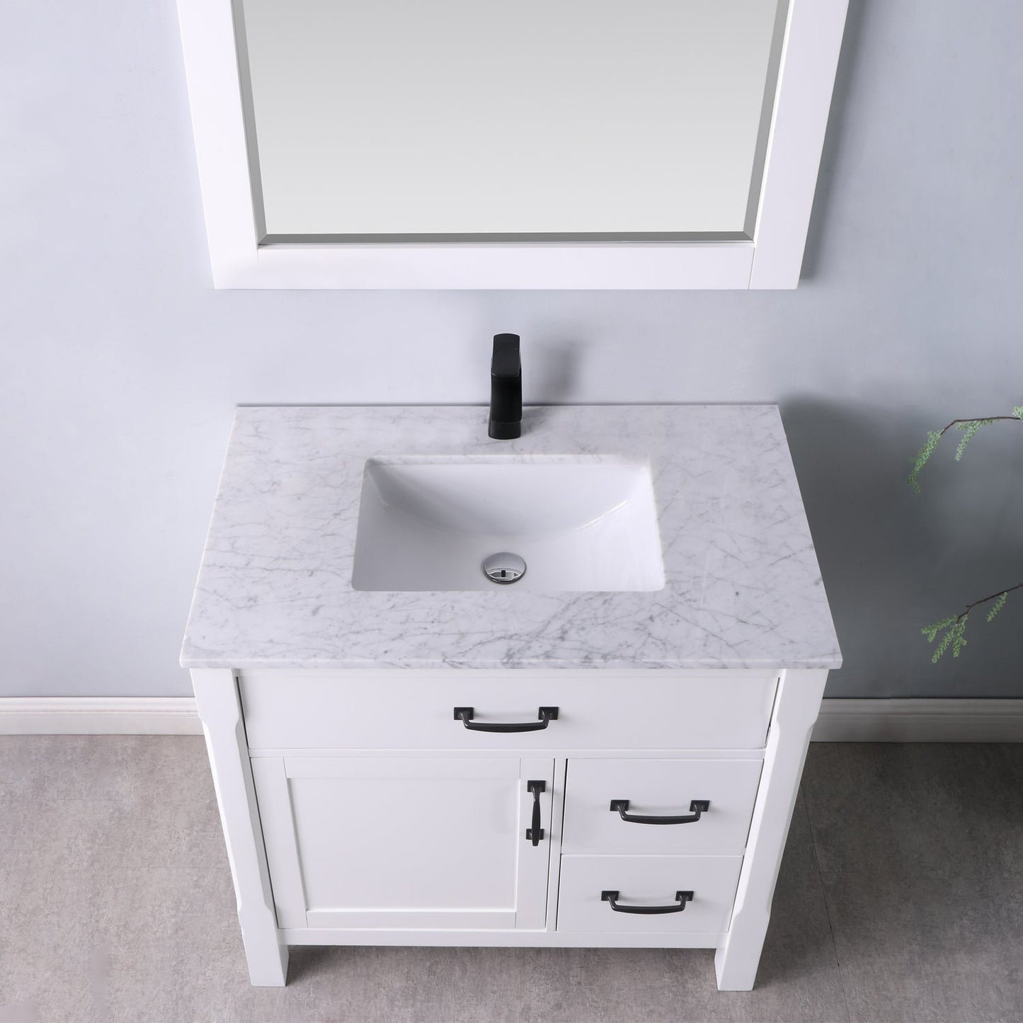 Maribella 36" Single Bathroom Vanity Set in White and Carrara White Marble Countertop with Mirror