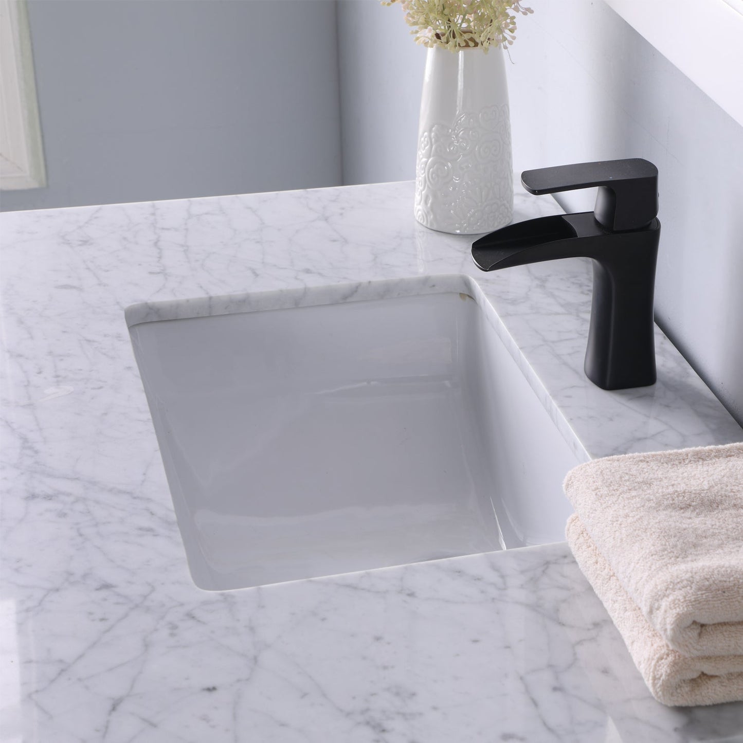 Maribella 36" Single Bathroom Vanity Set in White and Carrara White Marble Countertop with Mirror