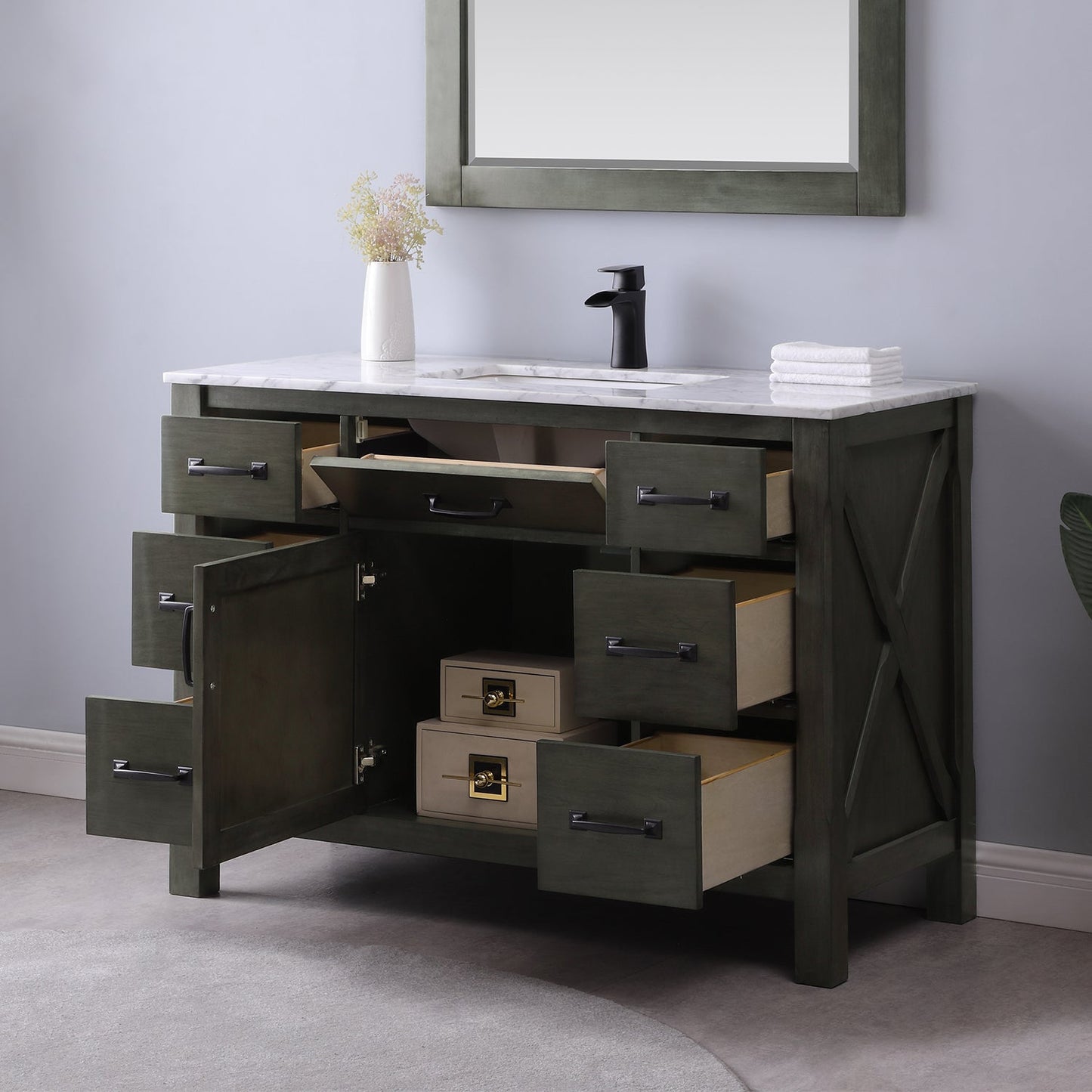 Maribella 48" Single Bathroom Vanity Set in Rust Black and Carrara White Marble Countertop without Mirror
