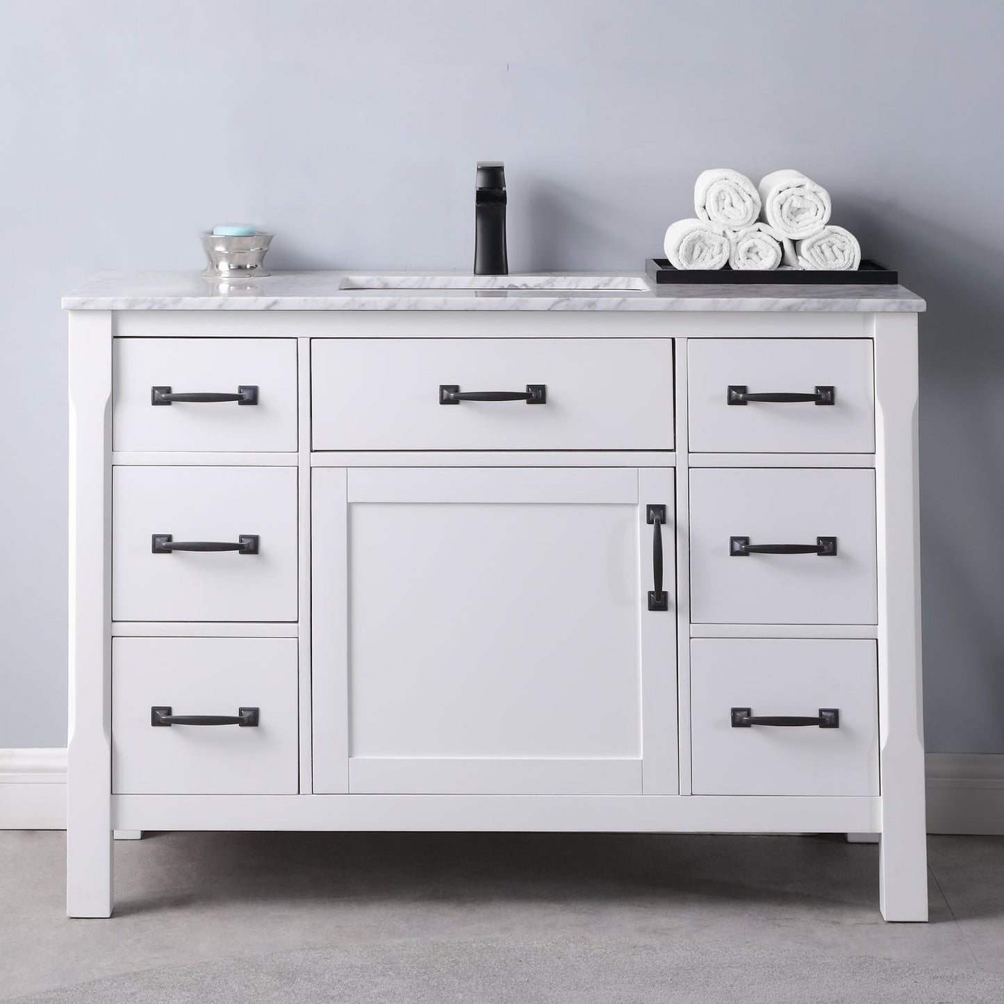 Maribella 48" Single Bathroom Vanity Set in White and Carrara White Marble Countertop without Mirror
