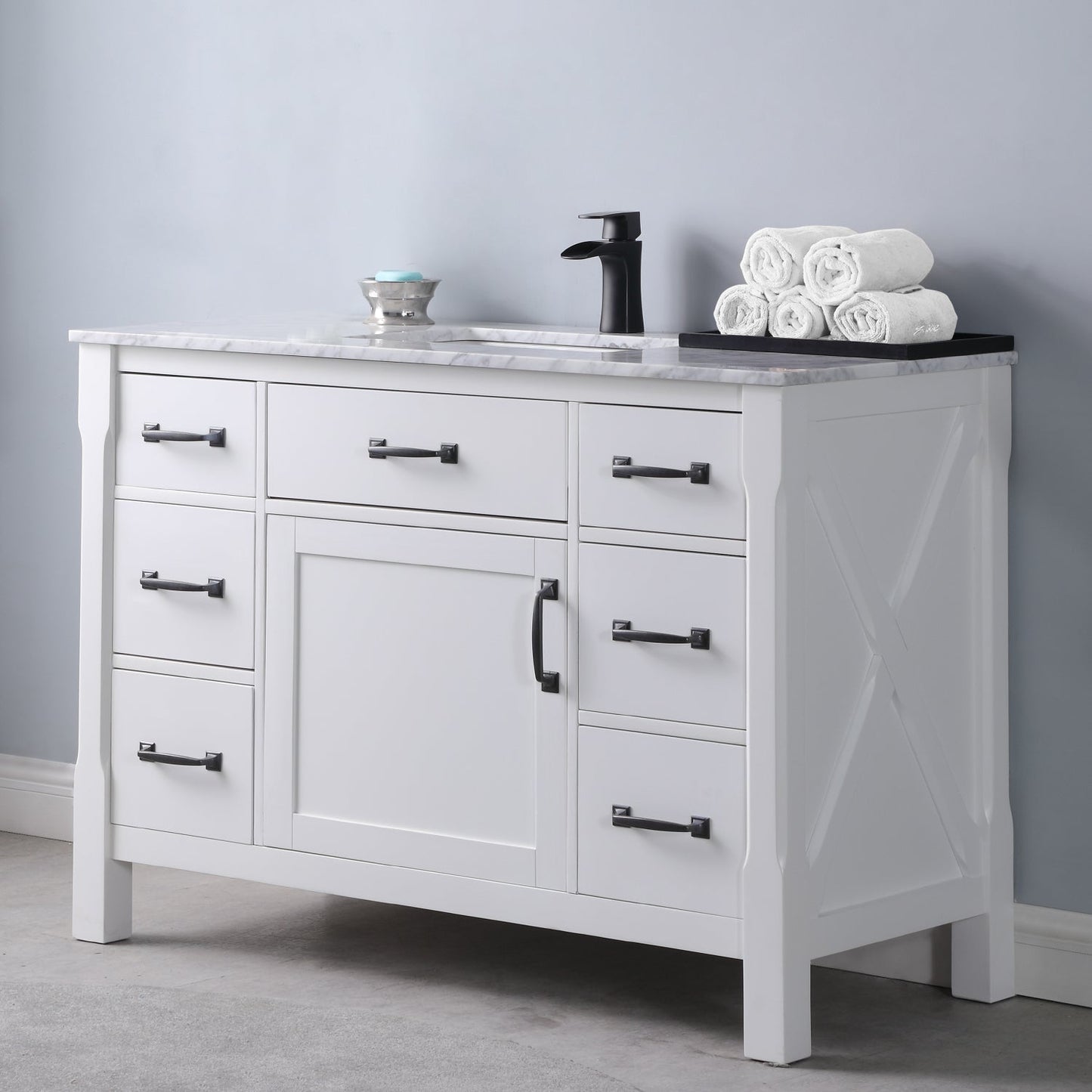 Maribella 48" Single Bathroom Vanity Set in White and Carrara White Marble Countertop without Mirror