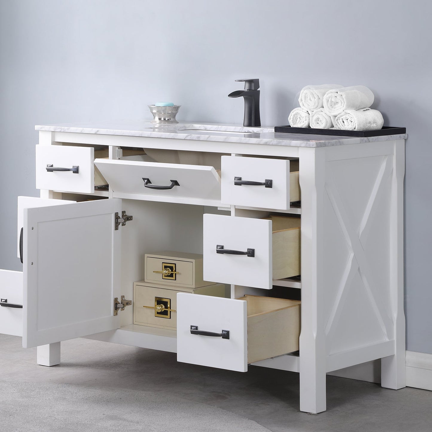 Maribella 48" Single Bathroom Vanity Set in White and Carrara White Marble Countertop without Mirror