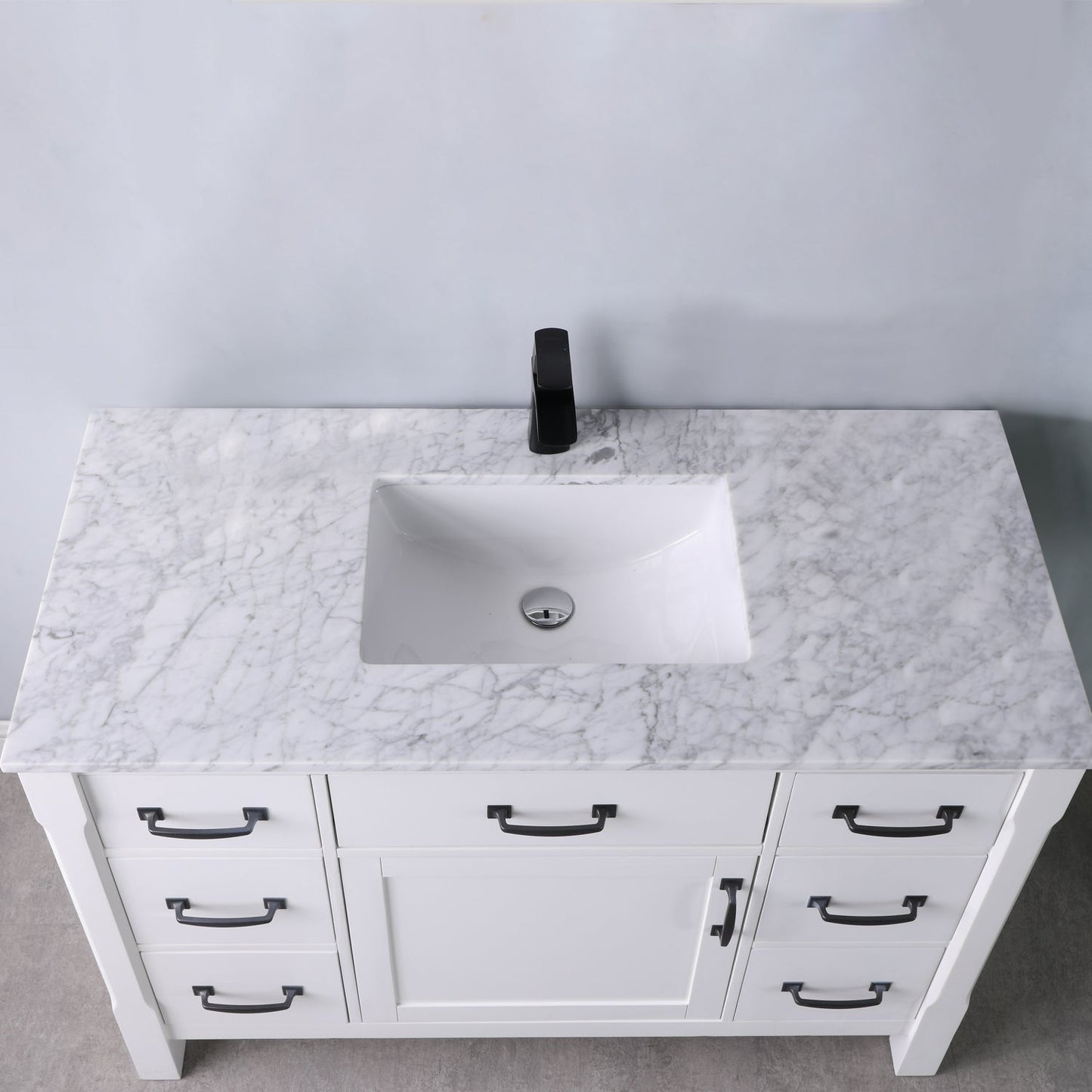 Maribella 48" Single Bathroom Vanity Set in White and Carrara White Marble Countertop without Mirror