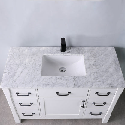 Maribella 48" Single Bathroom Vanity Set in White and Carrara White Marble Countertop without Mirror
