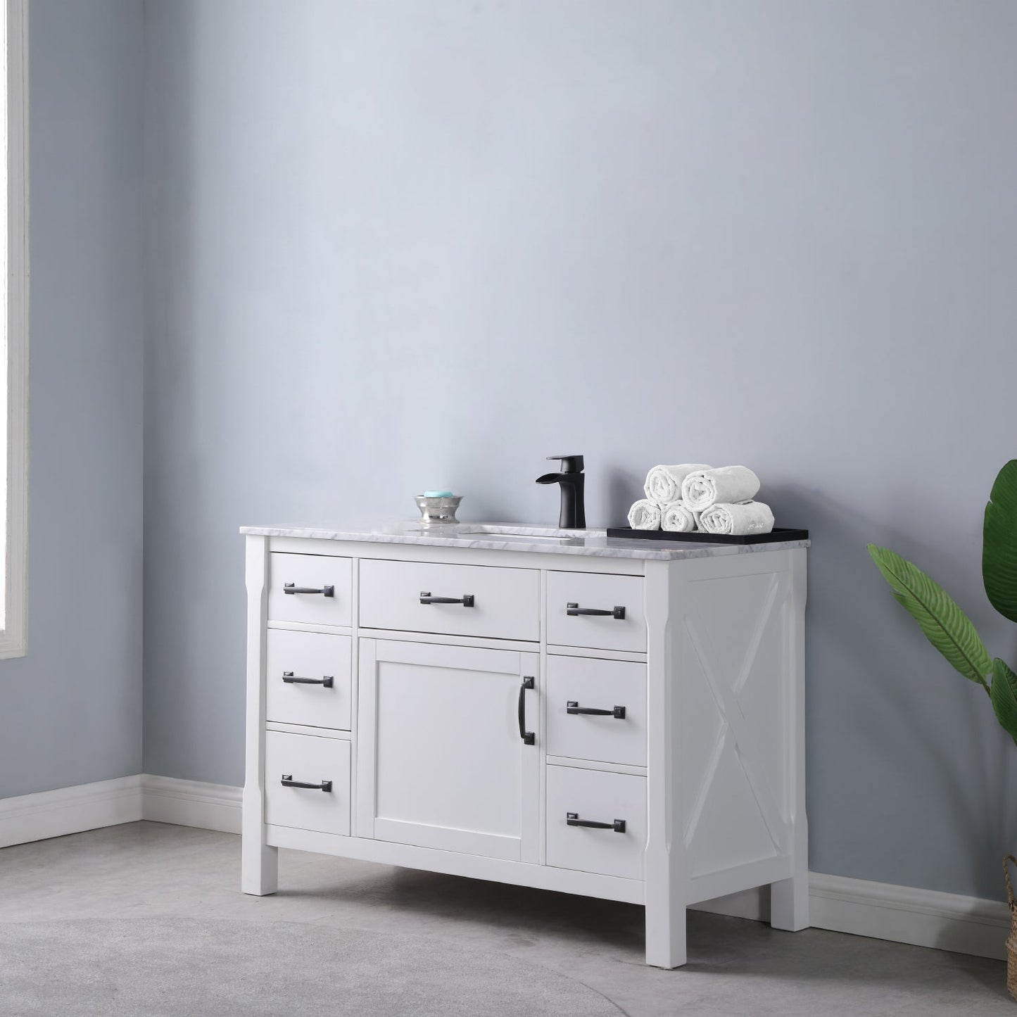 Maribella 48" Single Bathroom Vanity Set in White and Carrara White Marble Countertop without Mirror