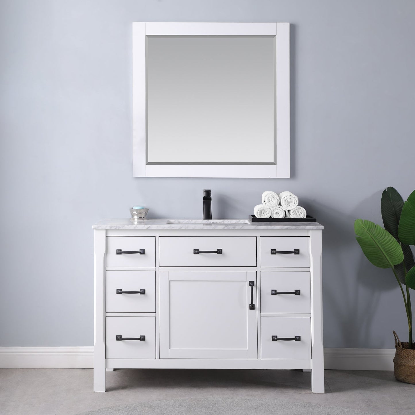Maribella 48" Single Bathroom Vanity Set in White and Carrara White Marble Countertop with Mirror