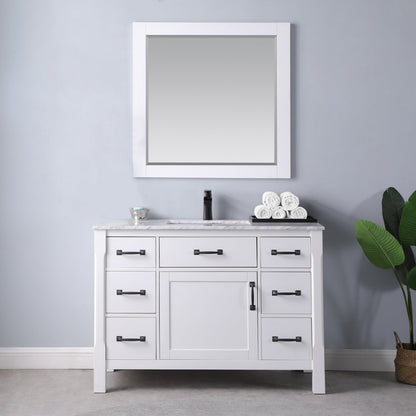 Maribella 48" Single Bathroom Vanity Set in White and Carrara White Marble Countertop with Mirror